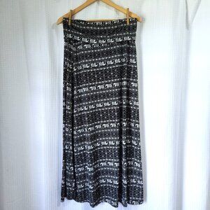 Maxi Skirt Elephant Design Womens XL Fold Over Waist Black & White A7